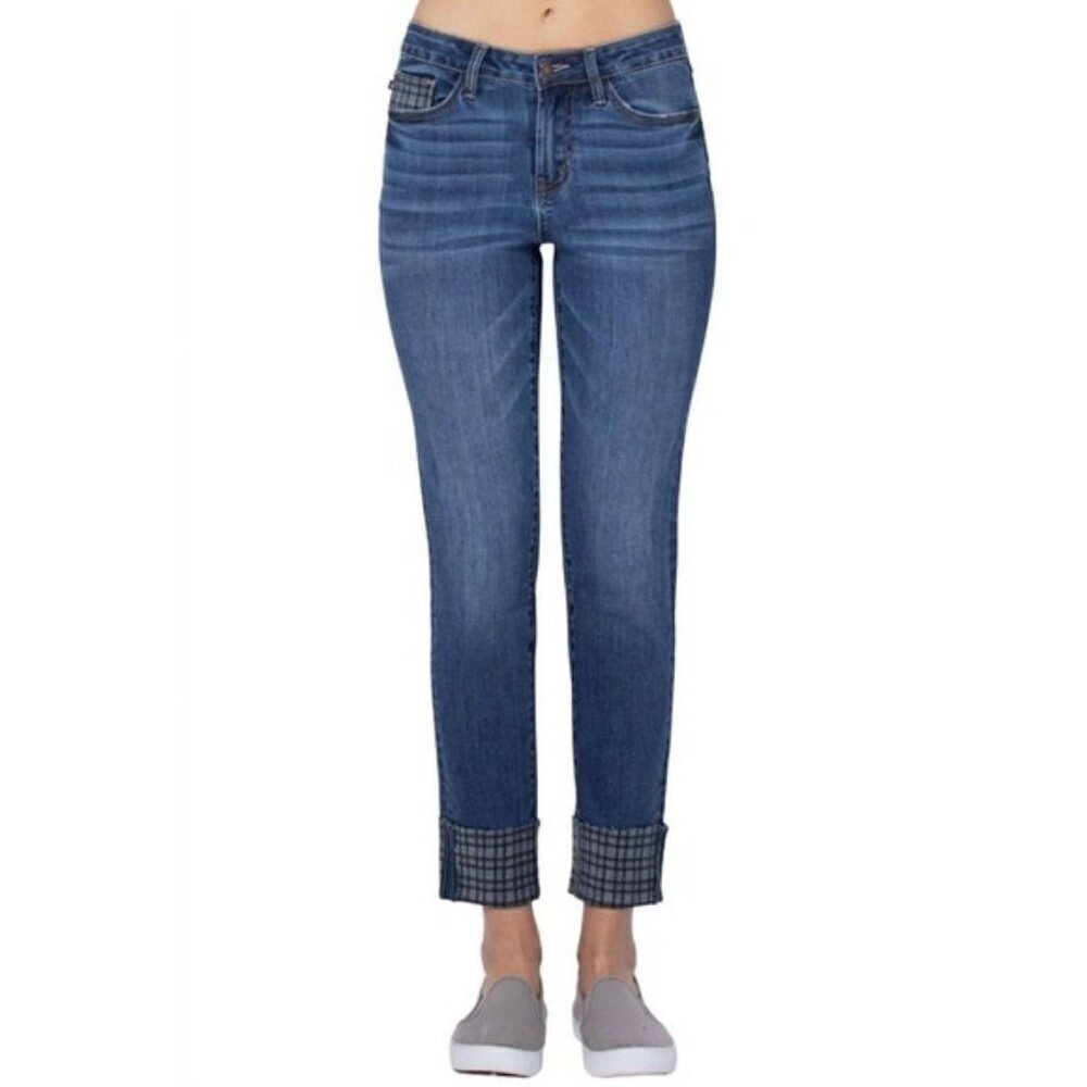 Judy Blue Plaid Cuffed Slim Fit Jean size 26 stretch classic medium wash jeans